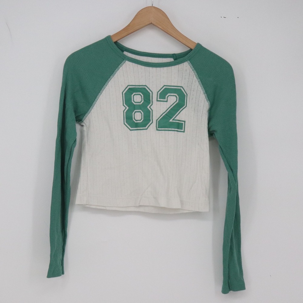 No Boundaries Raglan Top Womens S Teal Pointelle 82 Graphic Excellent